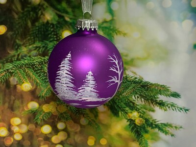 Snow covered trees painted on amethyst purple matte glass ornaments, glass Christmas keepsake ornaments, gift box optional - image2
